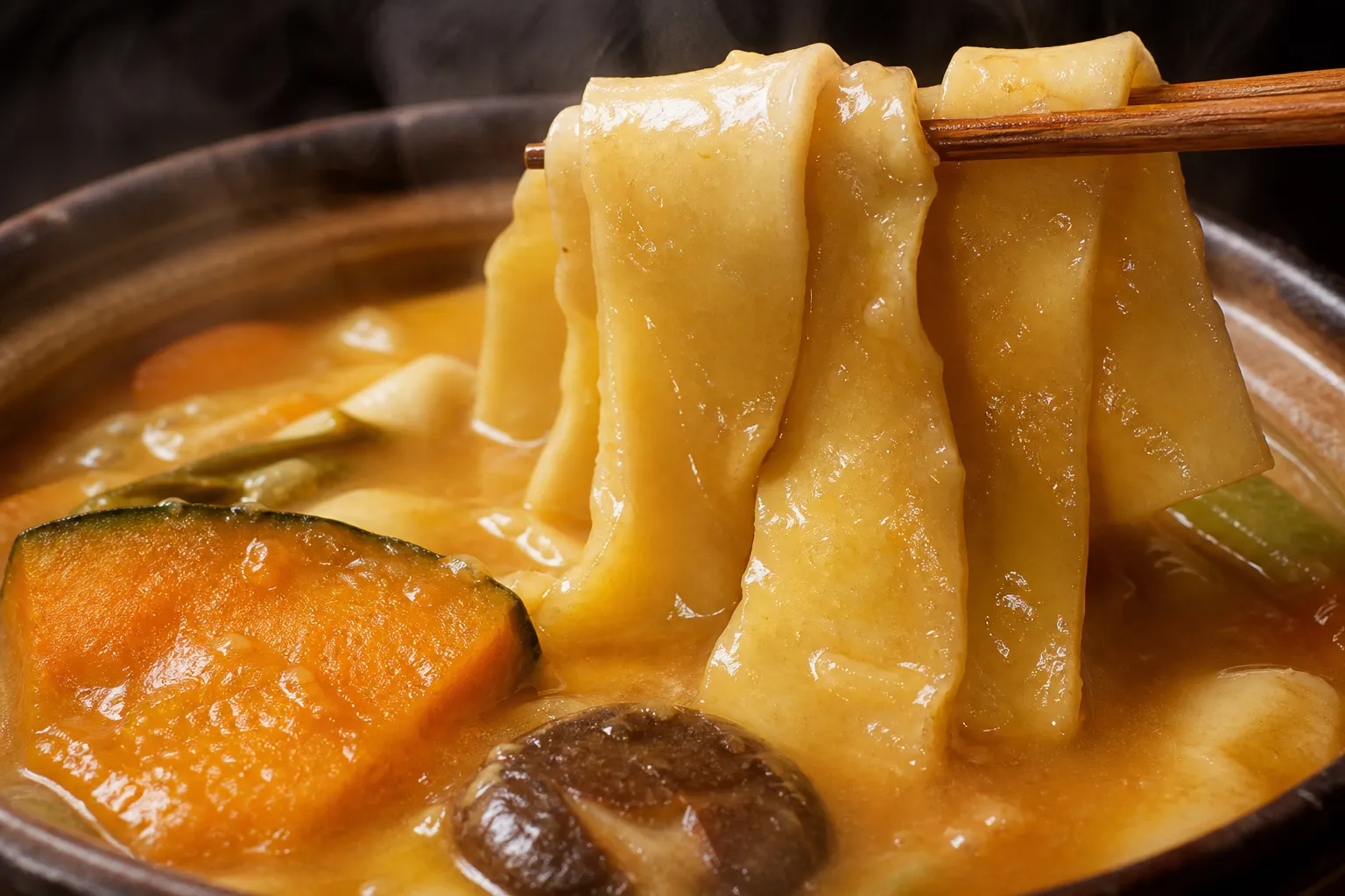 Close-up of hoto noodles and dissolved kabocha pumpkin in miso broth