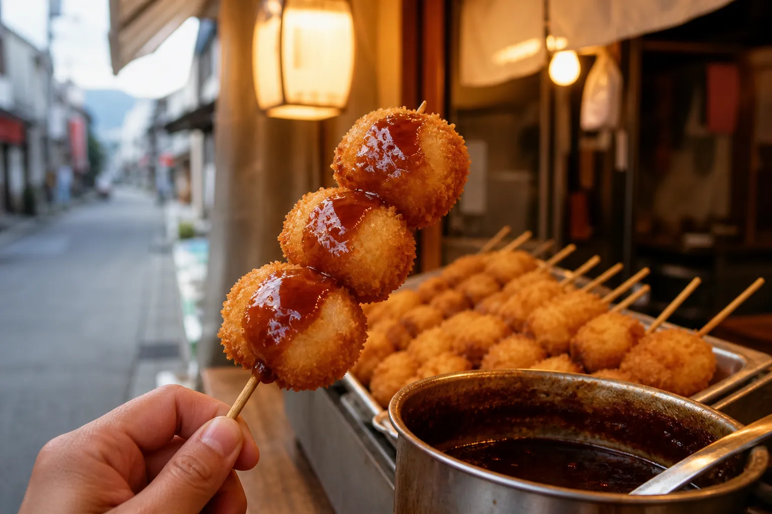 Imo-furai skewers being sold from a small snack stand on an old shopping street in Sano, Tochigi