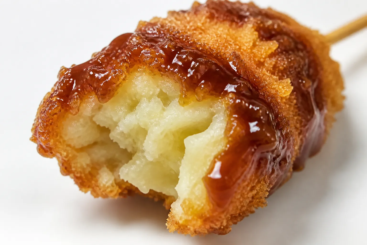 Close-up of an imo-furai skewer bitten open, showing crisp panko crust and soft potato inside