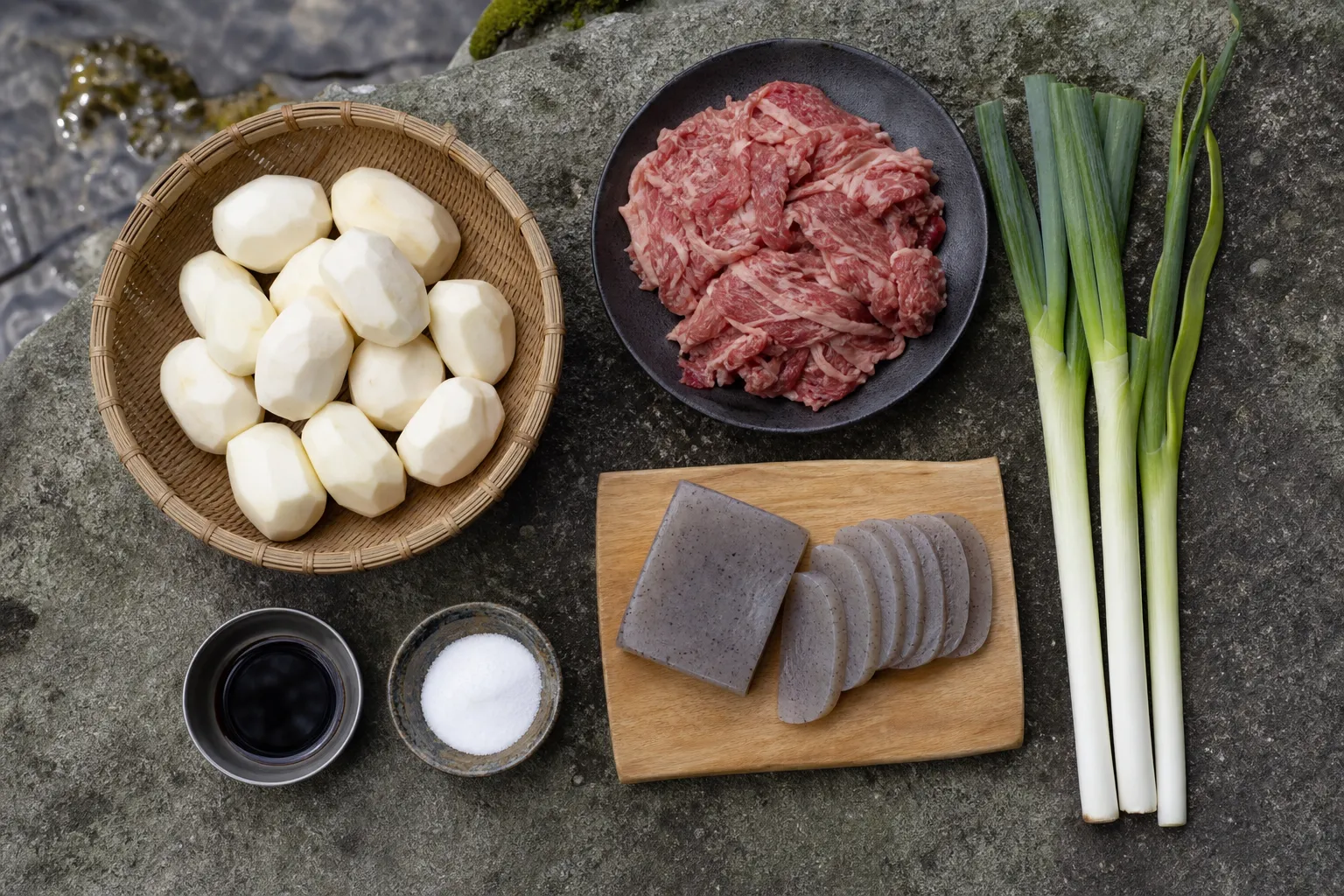 Imoni ingredients: peeled taro, sliced beef, konnyaku, green onion, soy sauce