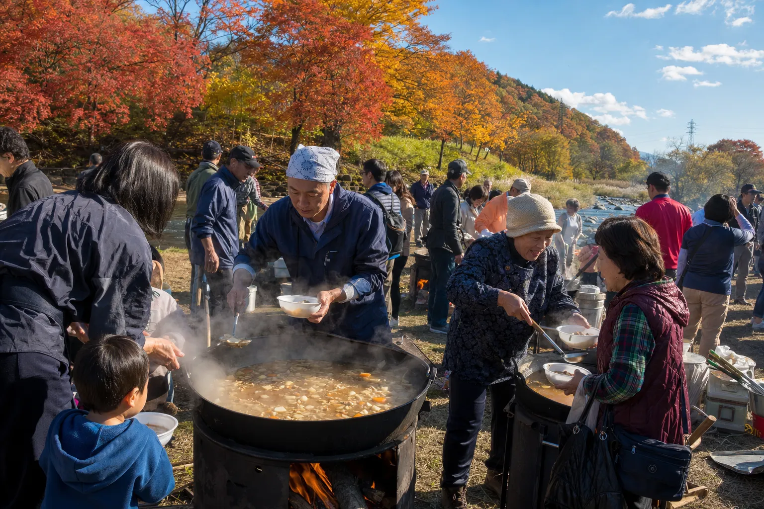 An autumn imonikai gathering on a Yamagata riverbank with iron pots over fires