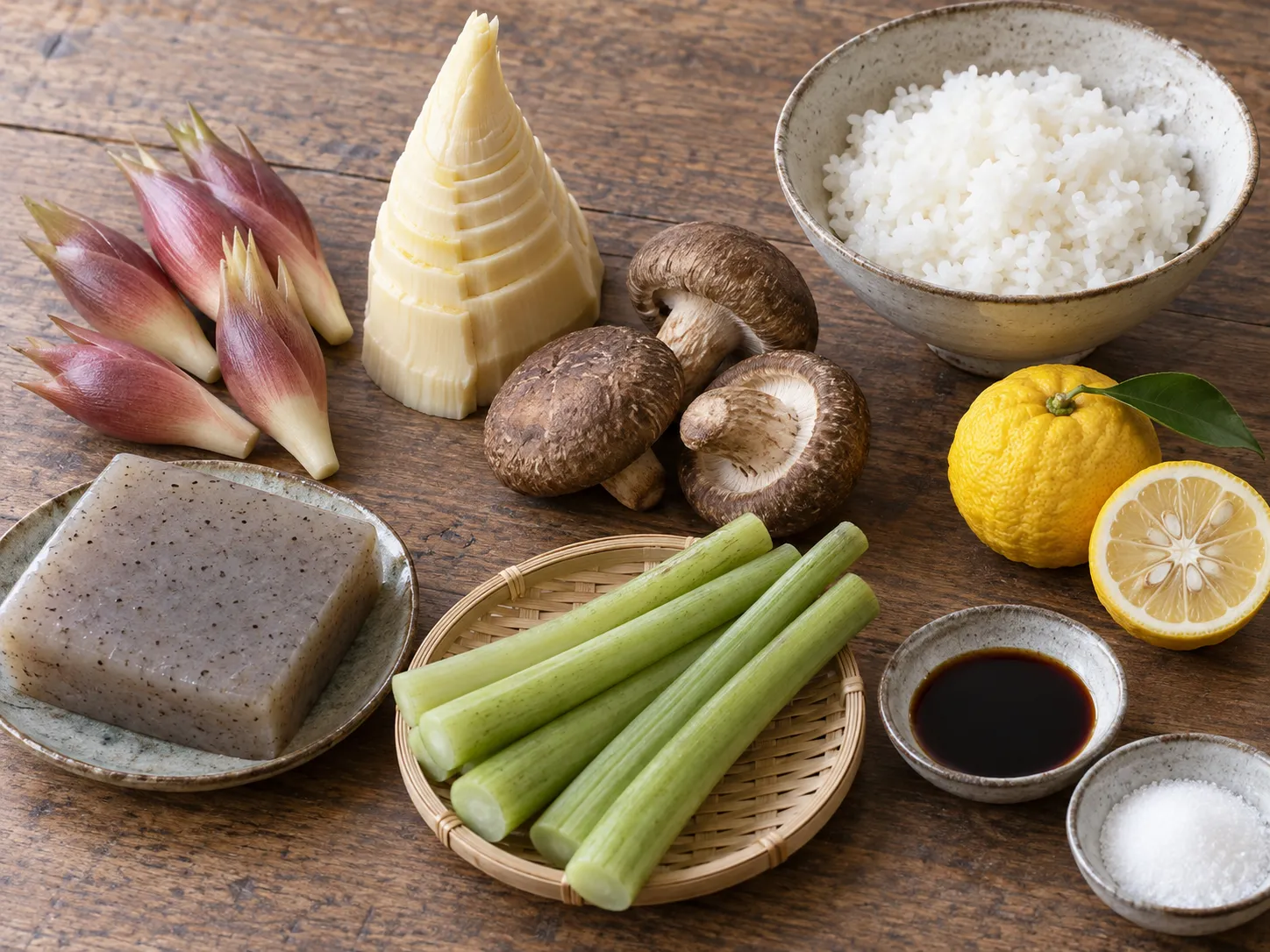 Sliced myoga, bamboo shoot, shiitake and konjac prepared on a board beside a bowl of yuzu-seasoned sushi rice