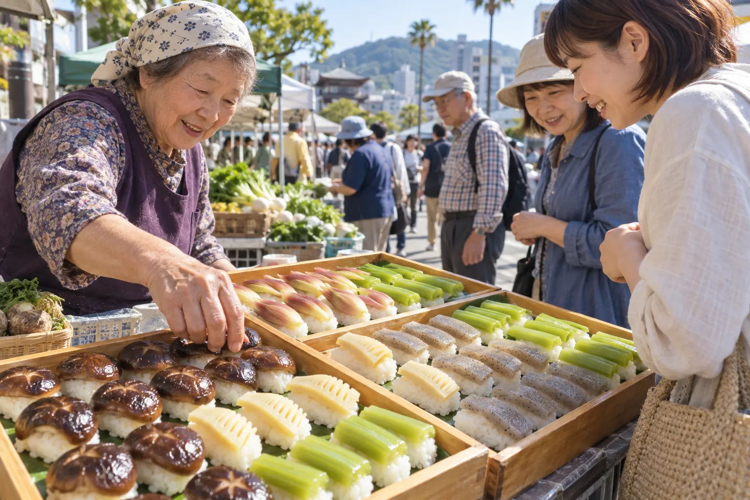 Trays of colourful vegetable inaka-zushi on a stall at the Sunday street market in Kochi City