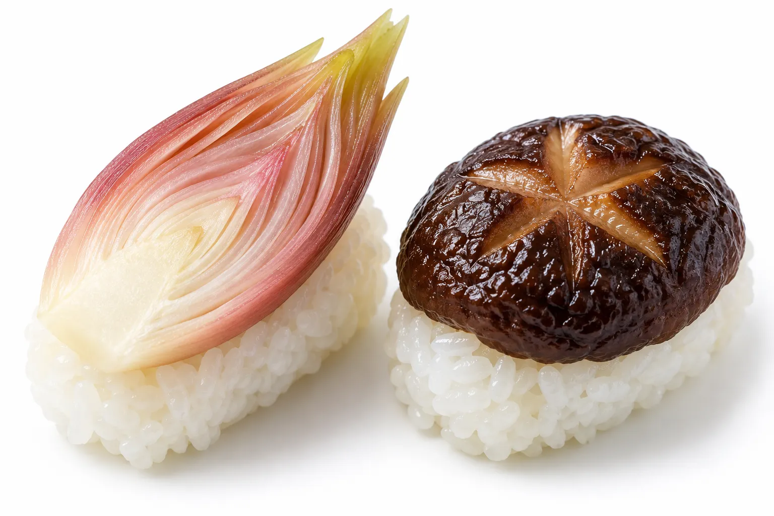Close-up of inaka-zushi pieces showing pink myoga ginger, sliced bamboo shoot and konjac on yuzu-seasoned rice