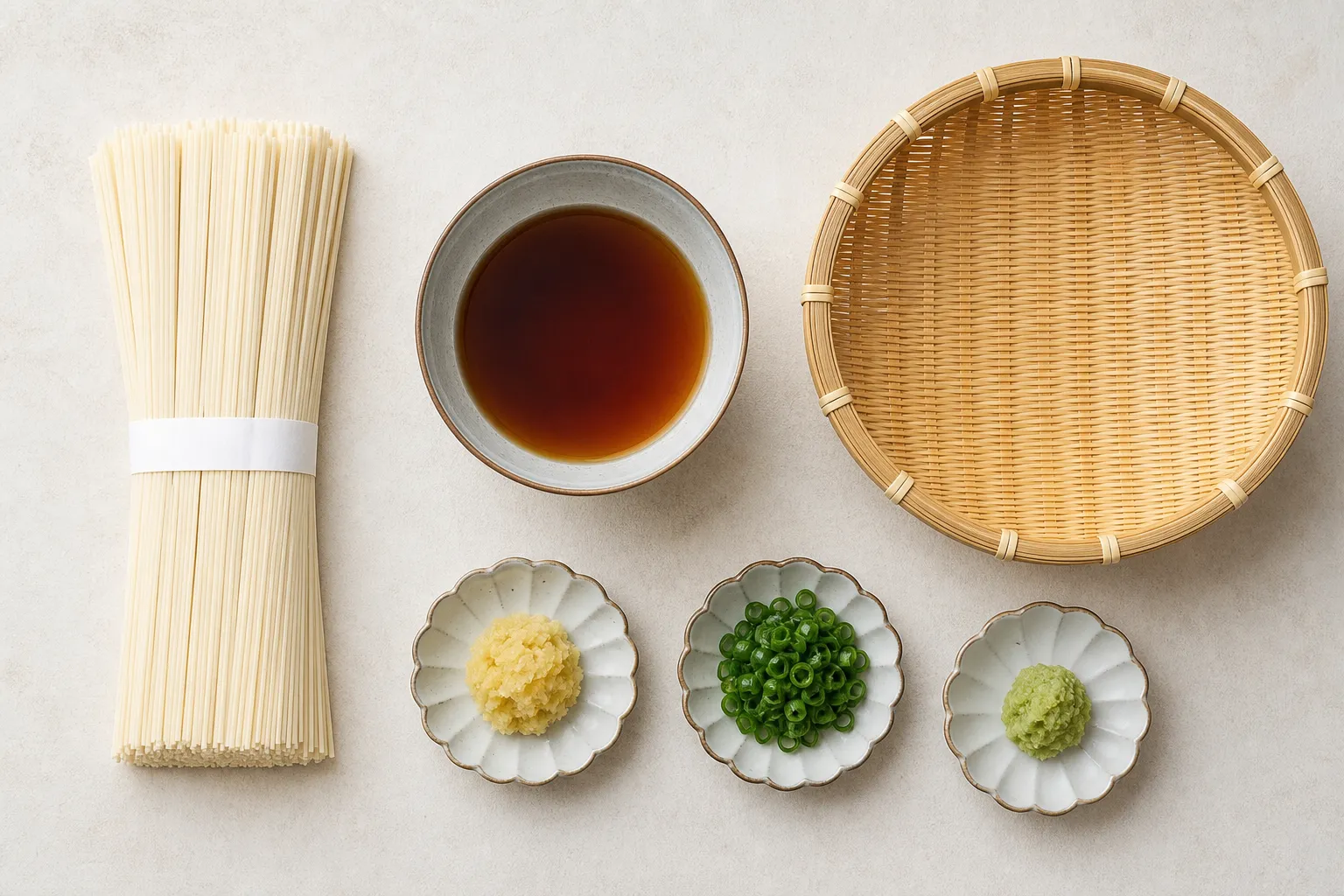 Inaniwa udon ingredients: dried thin noodles, dipping tsuyu, ginger, green onion