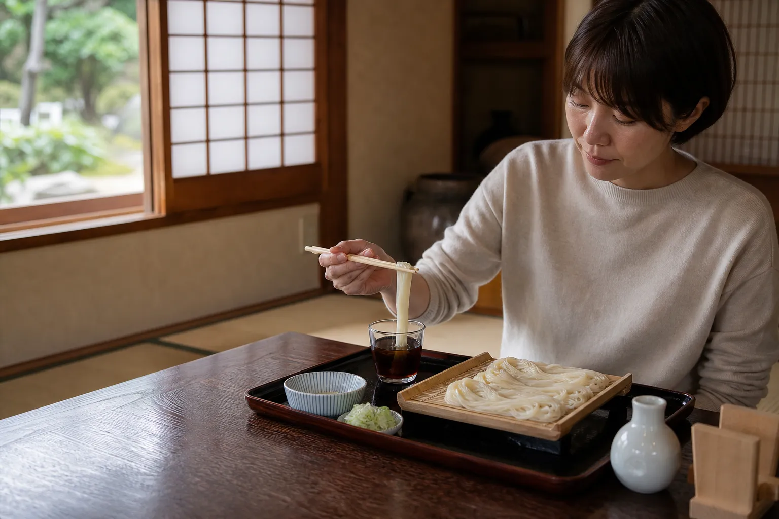 A refined Akita restaurant serving cold inaniwa udon on a zaru tray