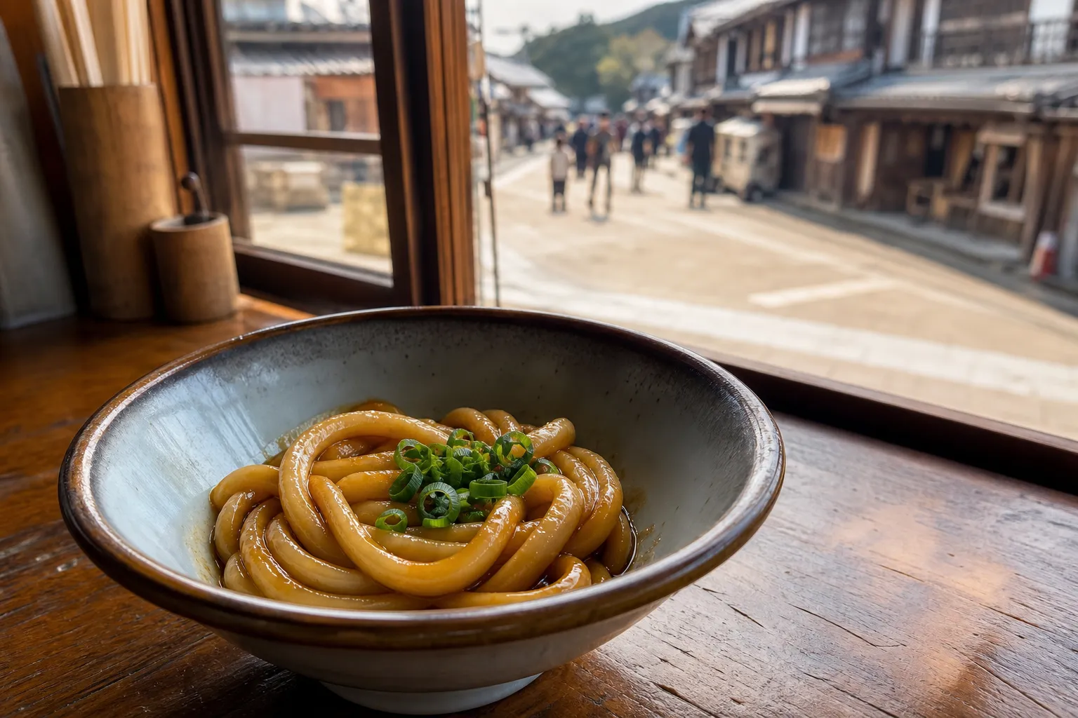A bowl of Ise udon on an old wooden counter along the approach street to Ise Grand Shrine, pilgrims passing outside