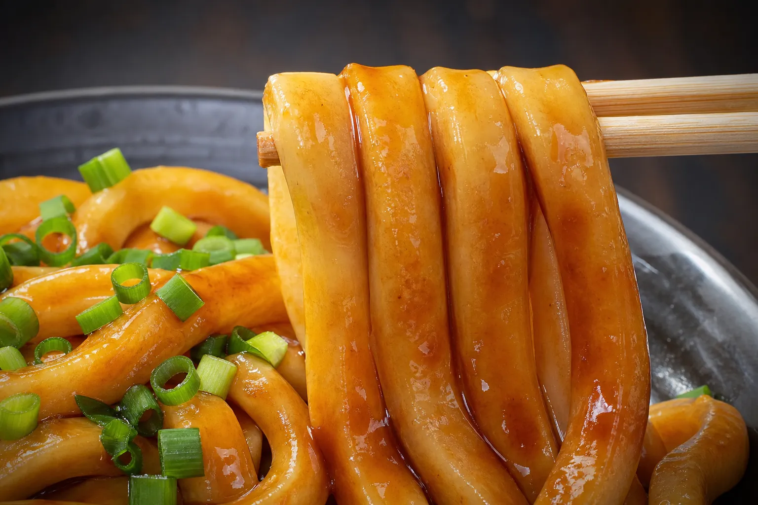 Close-up of thick pale Ise udon noodles being lifted, glossy dark tamari tare clinging to them