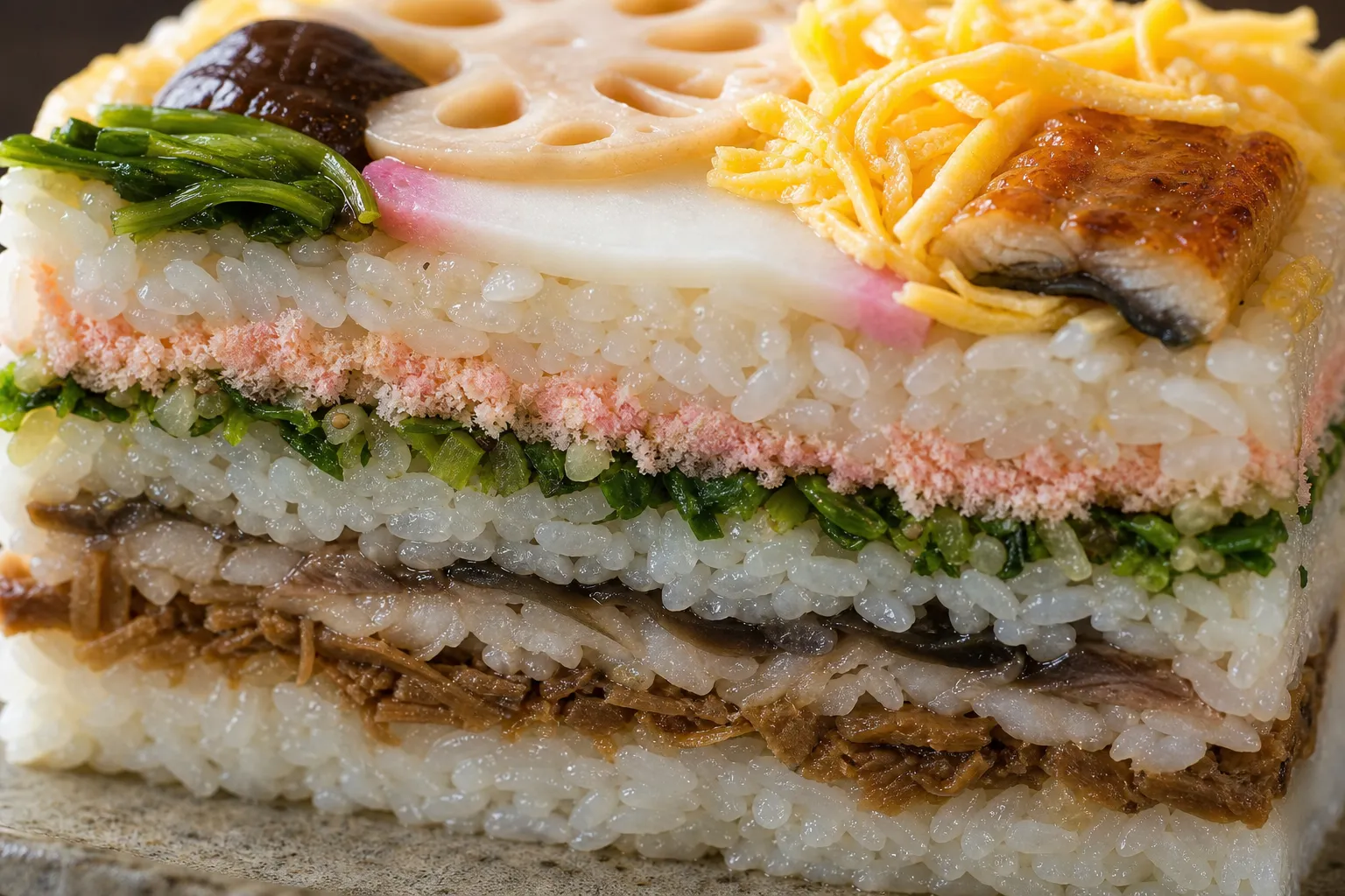 Close-up of the layered cross-section of Iwakuni-zushi