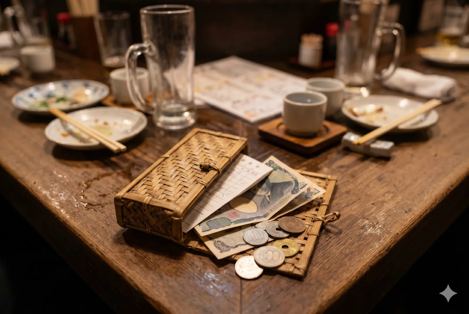 A bamboo bill holder with a paper check and Japanese yen on an izakaya counter