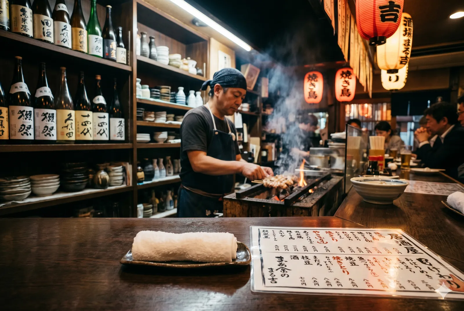 The view from a customer's seat at a wooden izakaya counter with an oshibori towel and menu