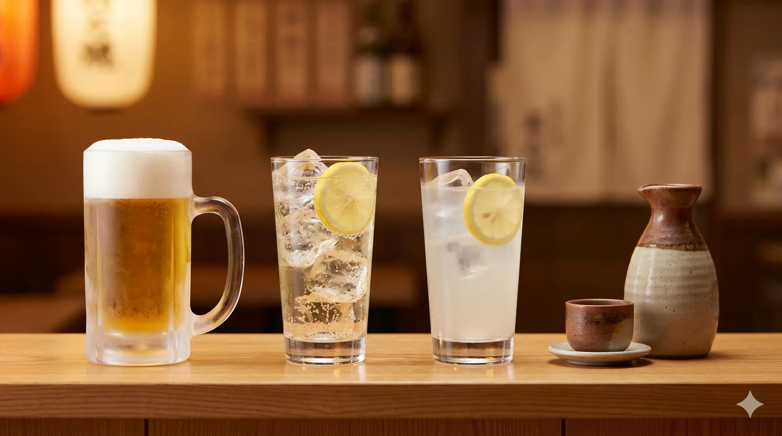 A lineup of classic izakaya drinks: draft beer, a highball, a chuhai, and a carafe of sake