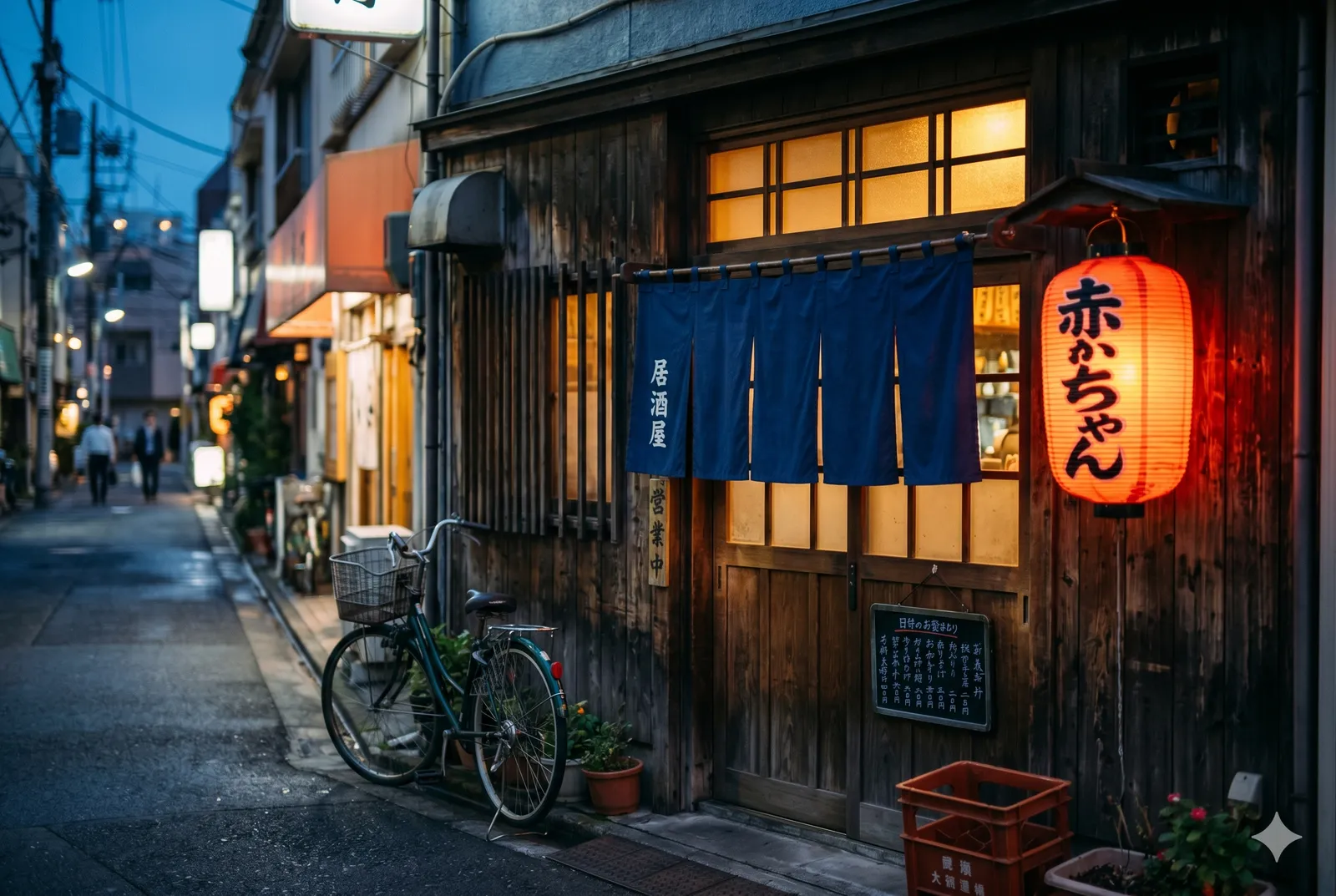 A traditional izakaya storefront at dusk with a glowing red lantern and noren curtain