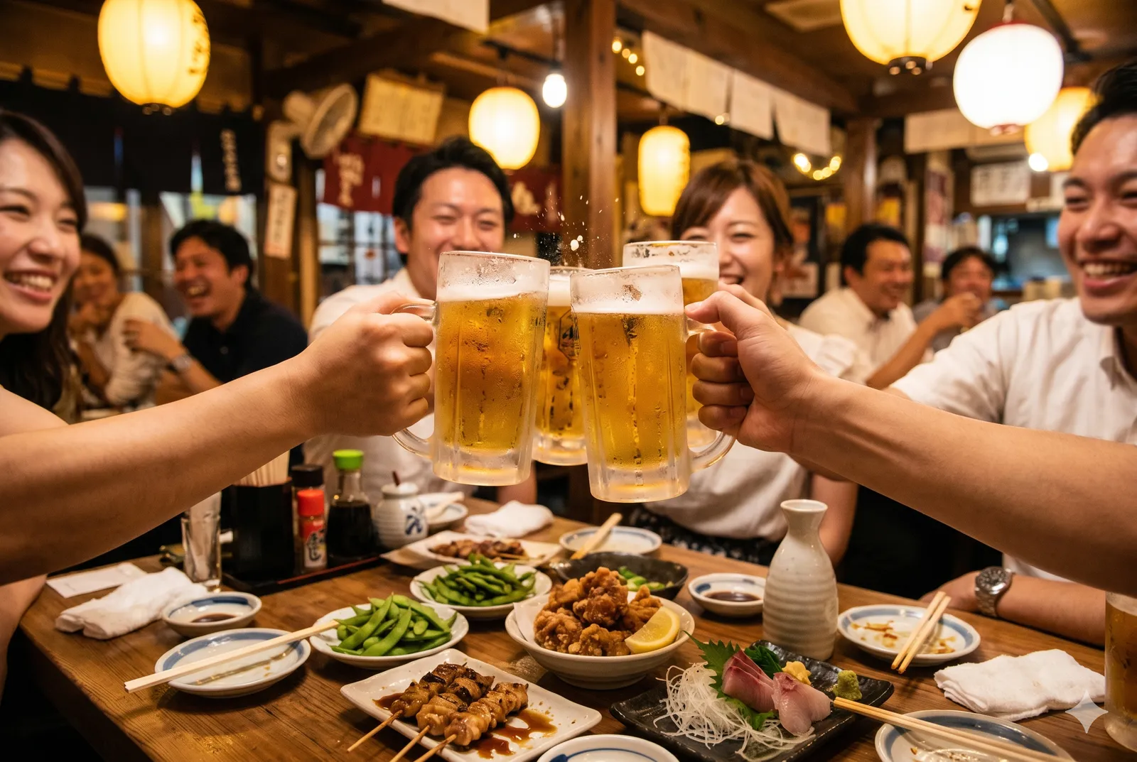 Frosty mugs of draft beer raised together for a kanpai toast