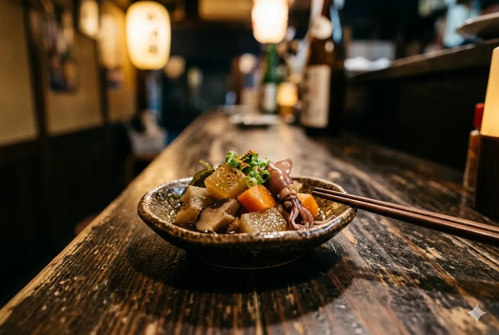 A small otōshi appetizer in a tiny ceramic dish on a wooden izakaya counter