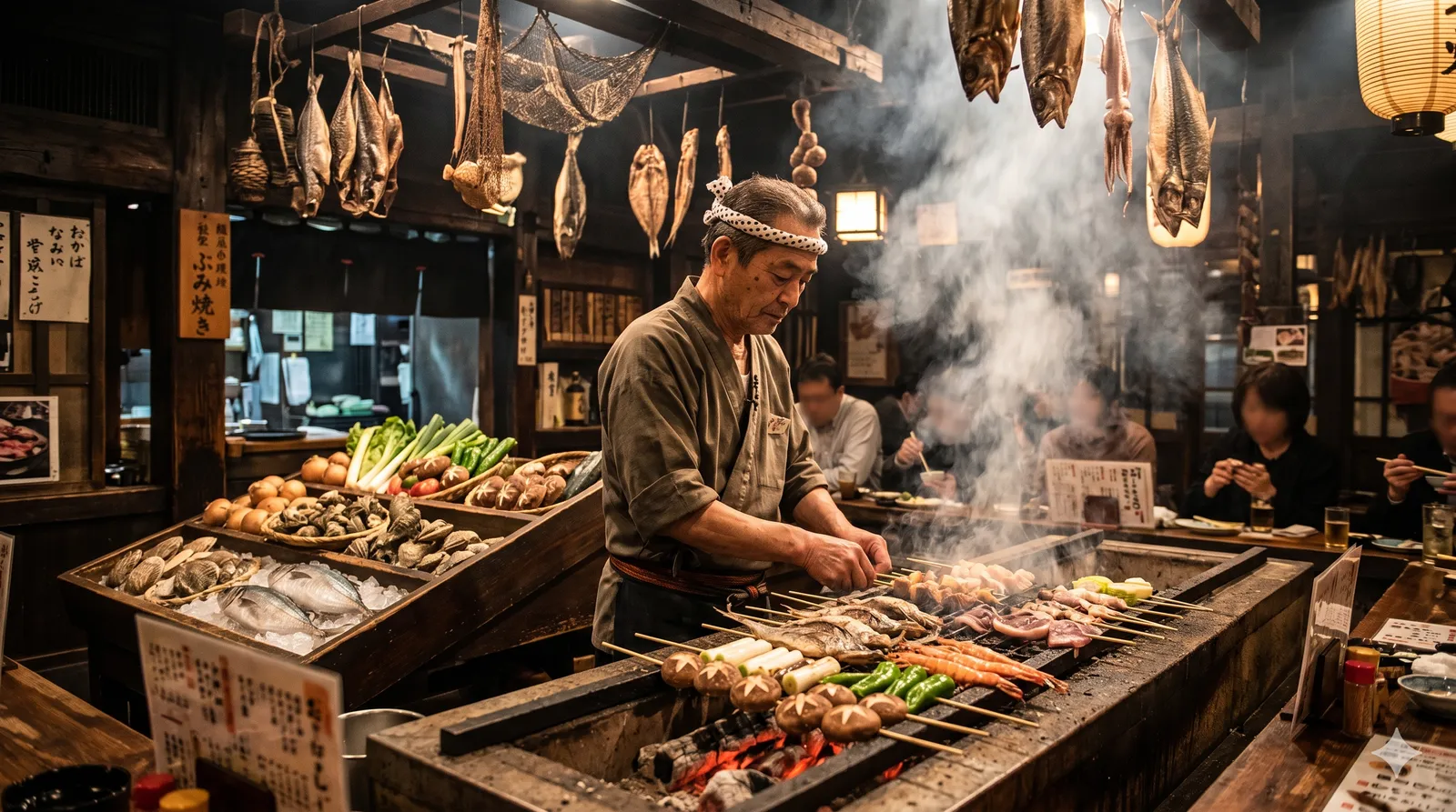 A robatayaki chef grilling over an open charcoal hearth