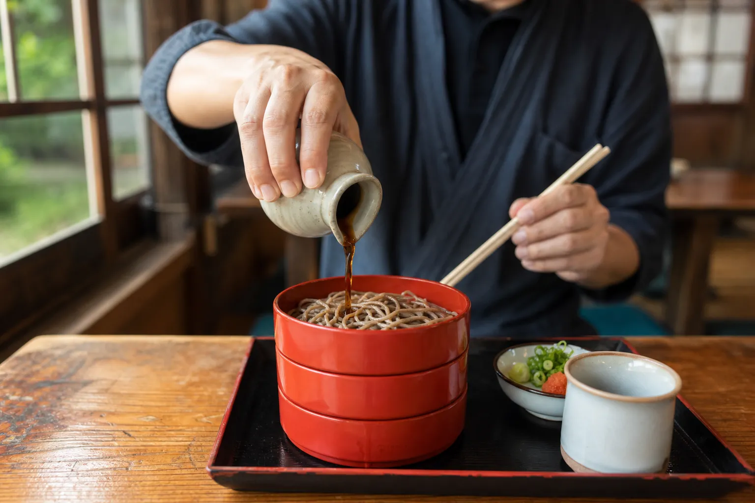 Izumo soba served in stacked warigo dishes near Izumo Taisha in Shimane
