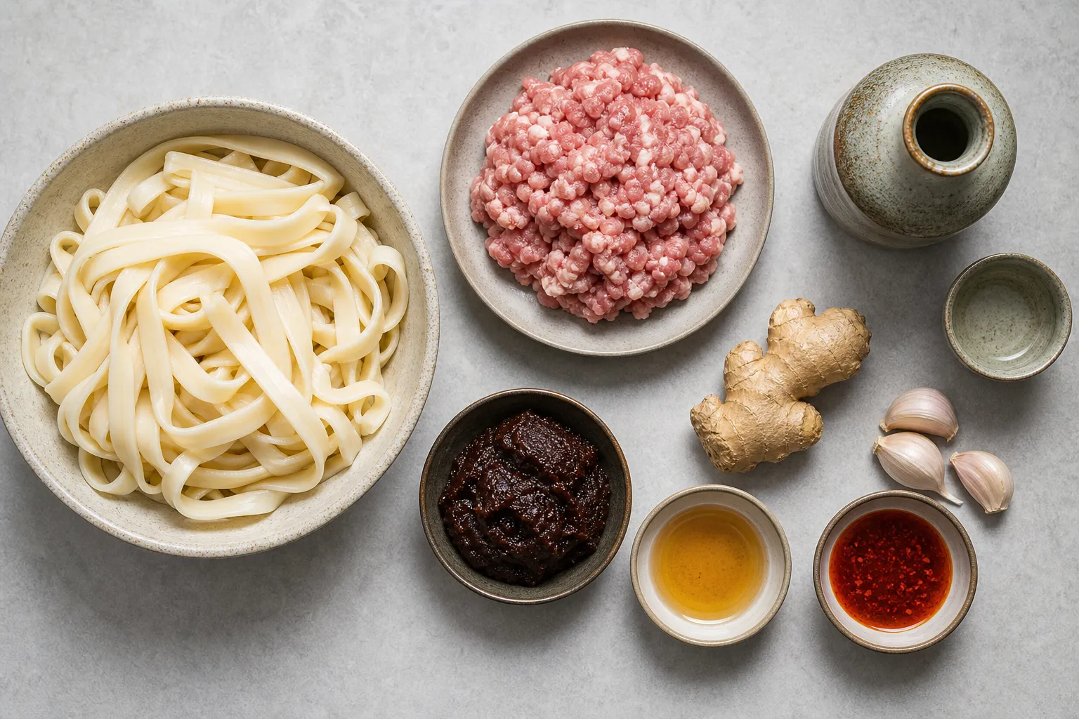 Jajamen ingredients and preparation including niku-miso and condiments