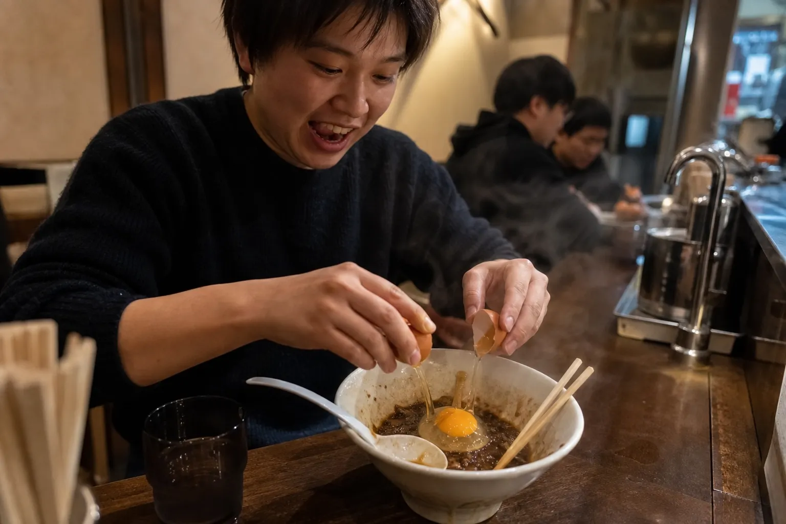 Jajamen in a bowl with niku-miso and condiments, and the chītan moment