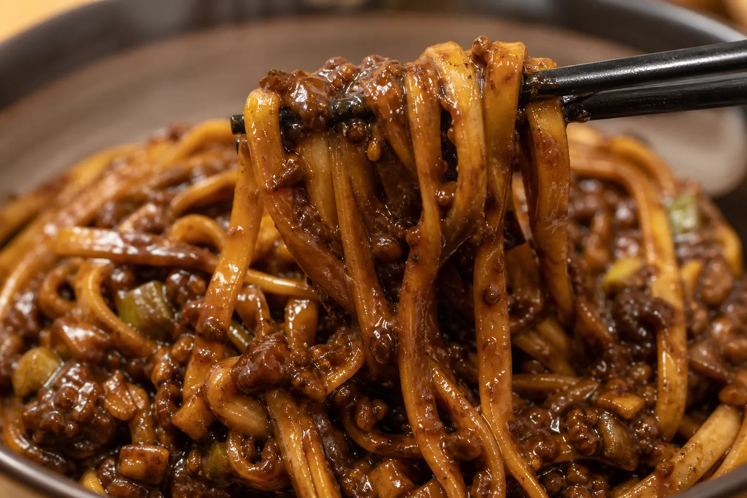 Close-up of flat noodles being mixed with dark niku-miso paste
