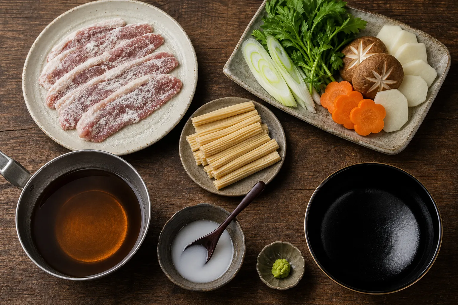 Flour-dusted duck slices, sudarefu, vegetables, dashi and wasabi laid out