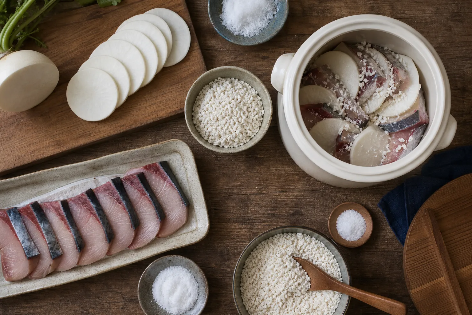 Making kabura-zushi — turnip rounds stuffed with yellowtail being layered with rice koji to ferment