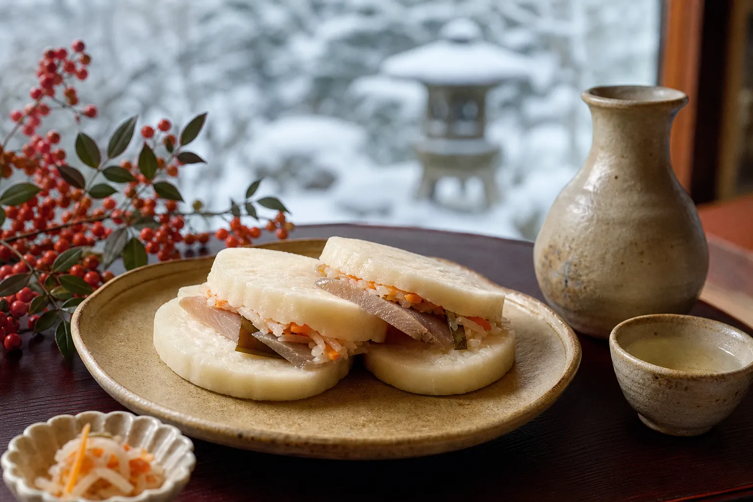Kabura-zushi served on a plate as part of a Kanazawa New Year spread