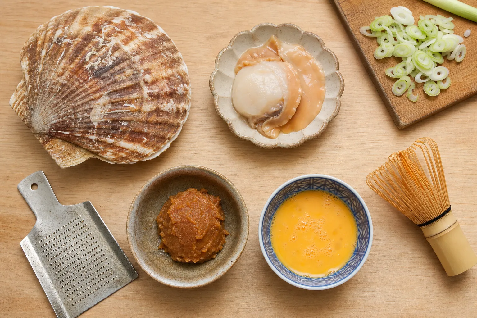 Making kaiyaki miso — dashi and miso simmering in the scallop shell before the egg goes in