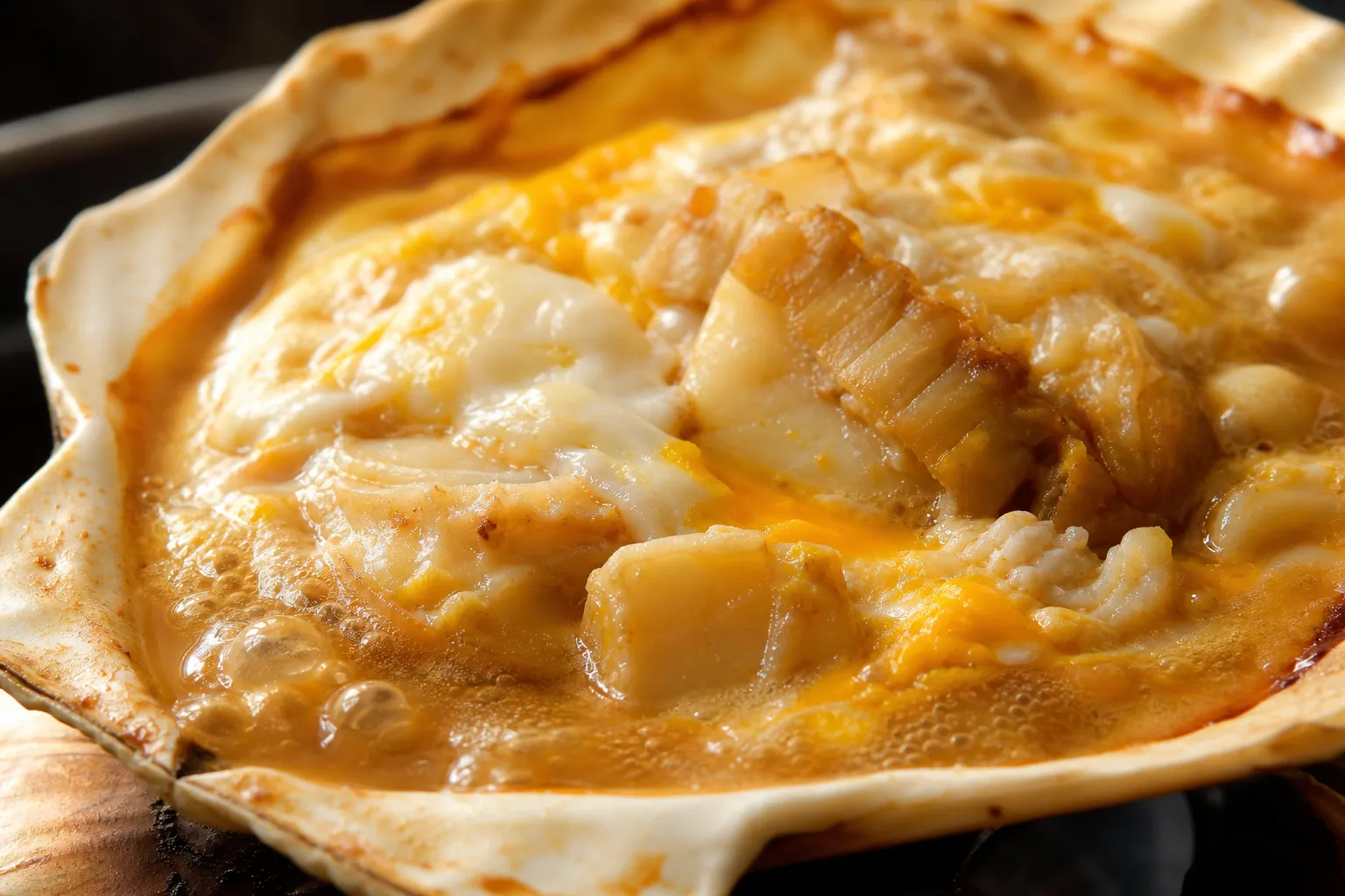 Close-up of the soft-set egg and miso inside a kaiyaki miso shell