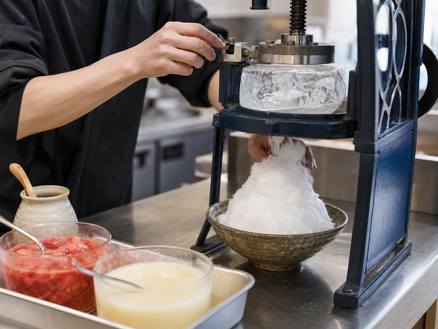 Traditional kakigori machine shaving a block of ice into a fluffy mound with strawberry syrup