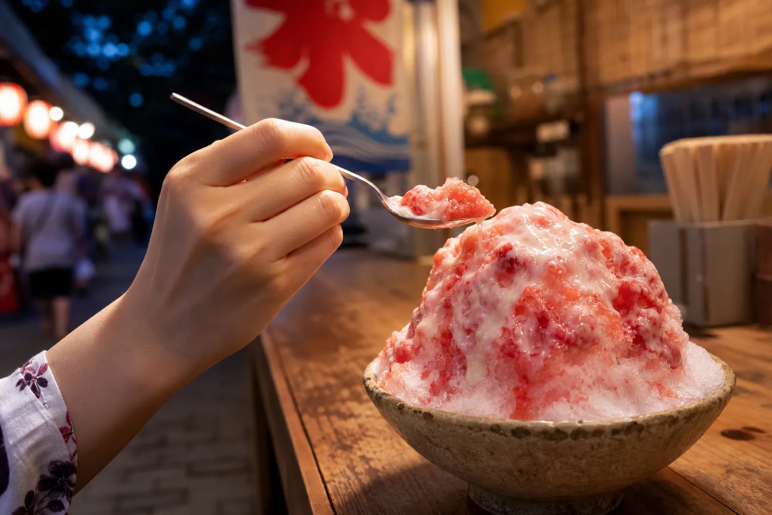People enjoying kakigori shaved ice at a summer festival stall in Japan