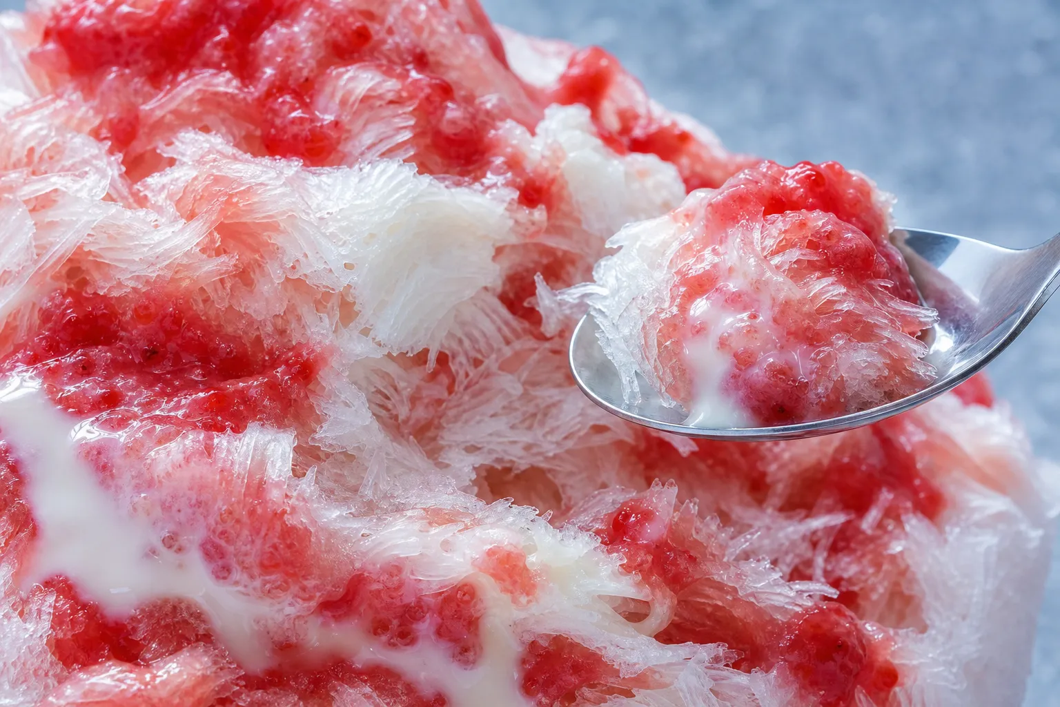 Close-up of fluffy kakigori showing the snow-fine shaved ice texture with syrup and condensed milk