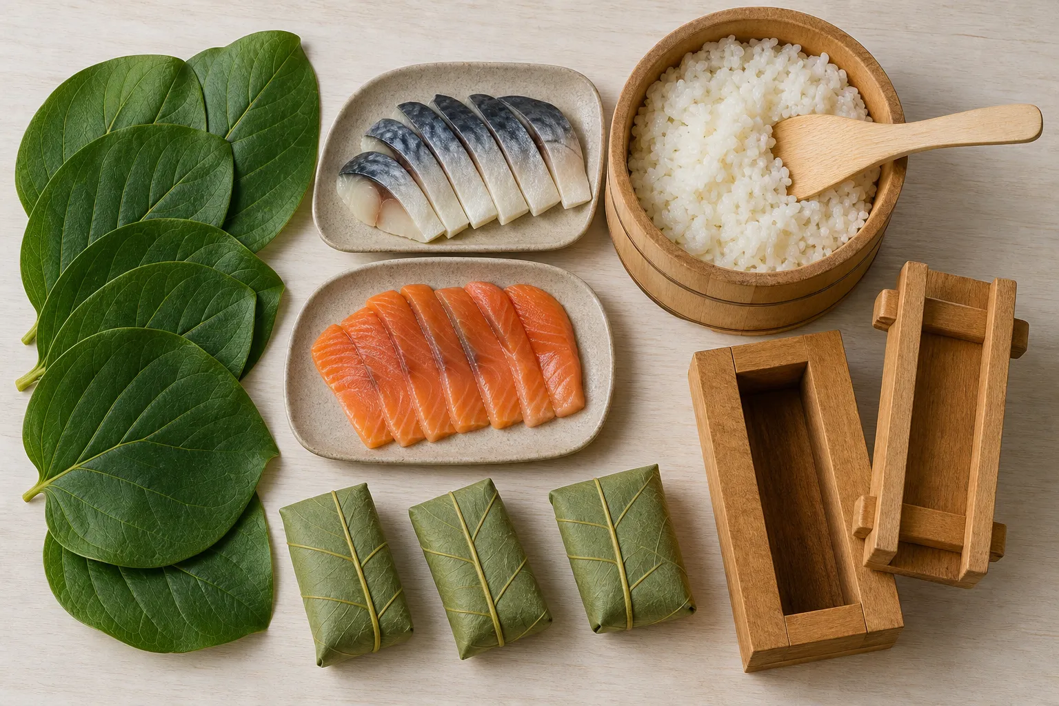 Persimmon leaves, cured mackerel and salmon slices, vinegared rice and a pressing mold laid out to make kakinoha-zushi