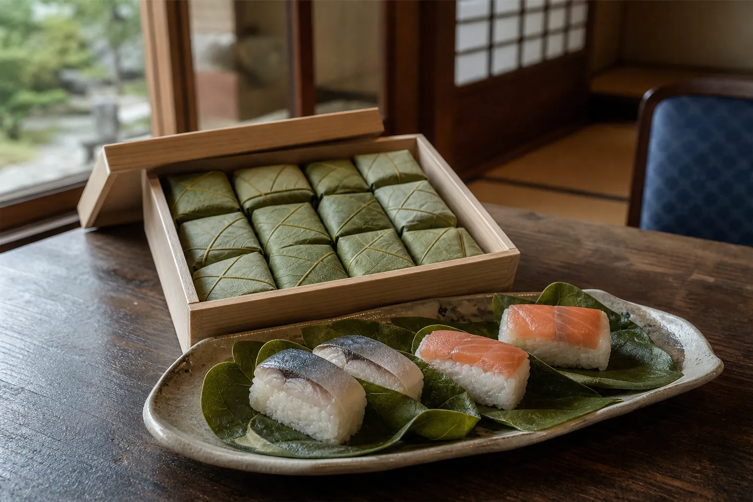A wooden box of persimmon-leaf-wrapped Nara sushi, some pieces unwrapped to show mackerel and salmon