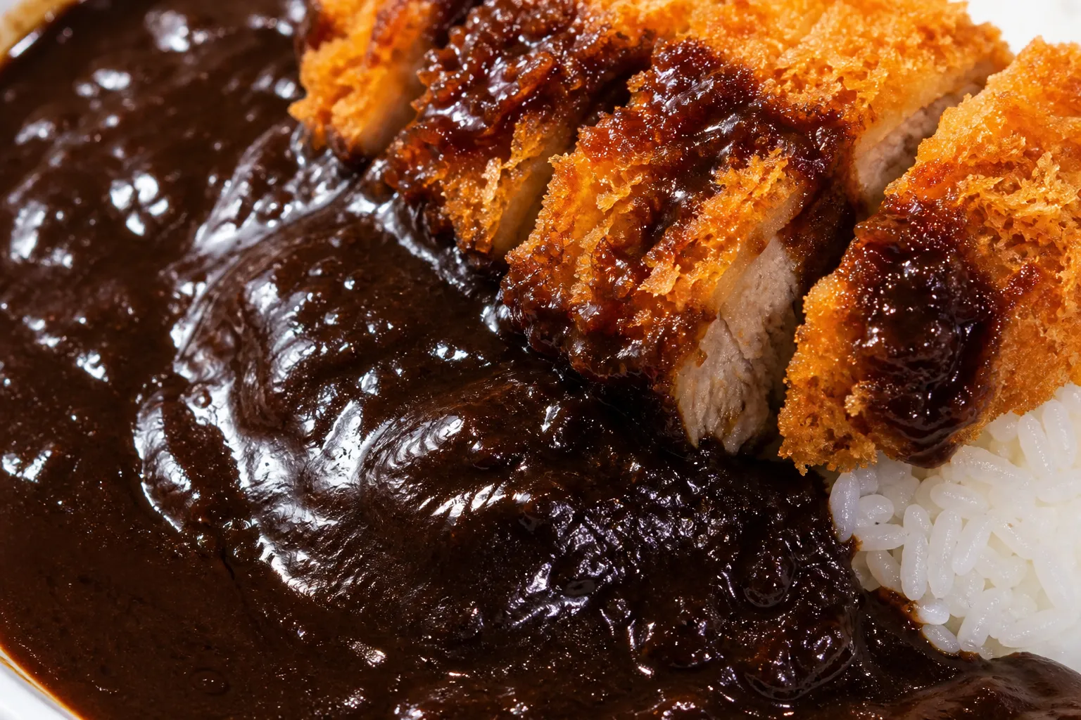 Close-up of the thick dark Kanazawa curry roux and katsu