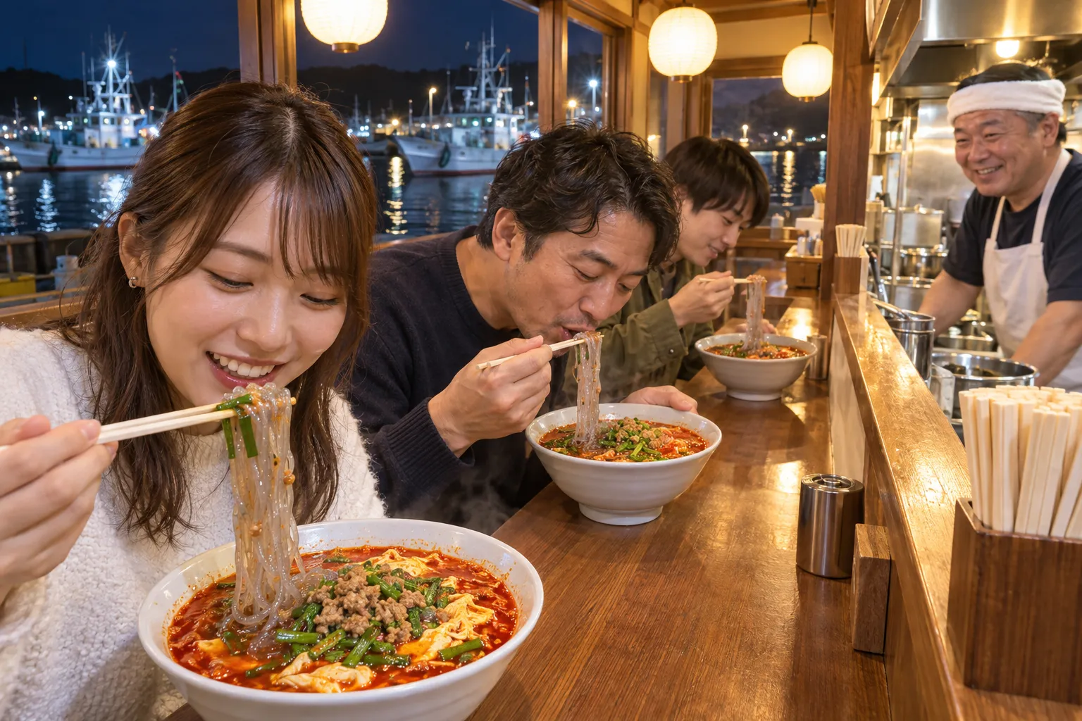 A red bowl of karamen on the counter of a small Nobeoka noodle shop at night