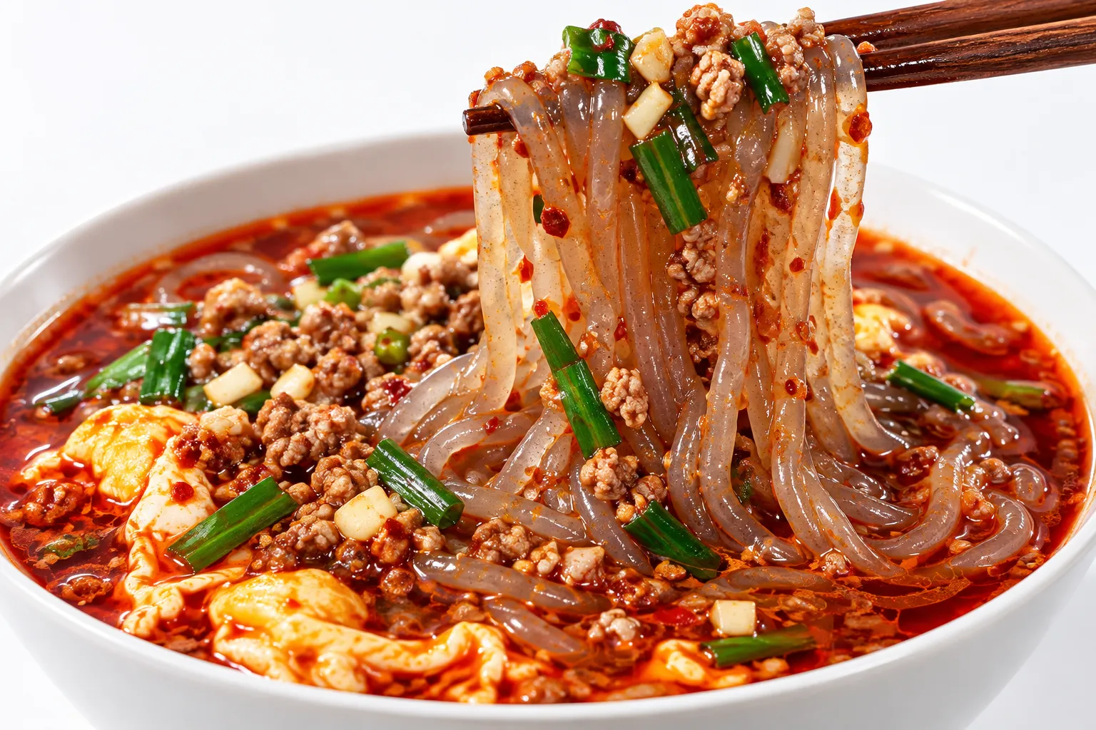 Close-up of karamen showing translucent konjac noodles, red chilli broth, minced pork, garlic chives and egg