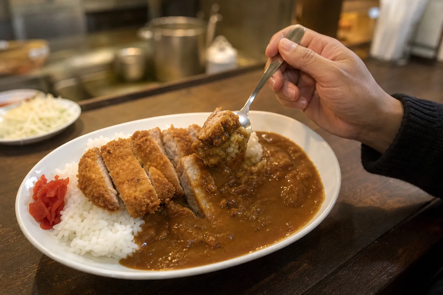 A diner scooping pork cutlet, Japanese curry and rice together at a neighborhood curry shop