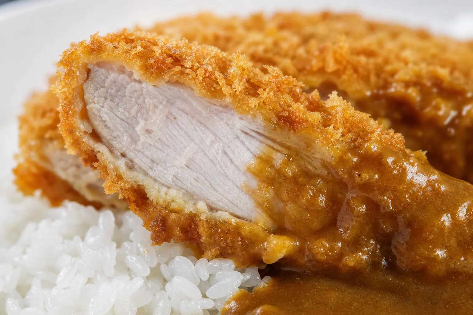 A close-up of katsu curry showing juicy cooked pork, crisp golden panko, thick Japanese curry and rice