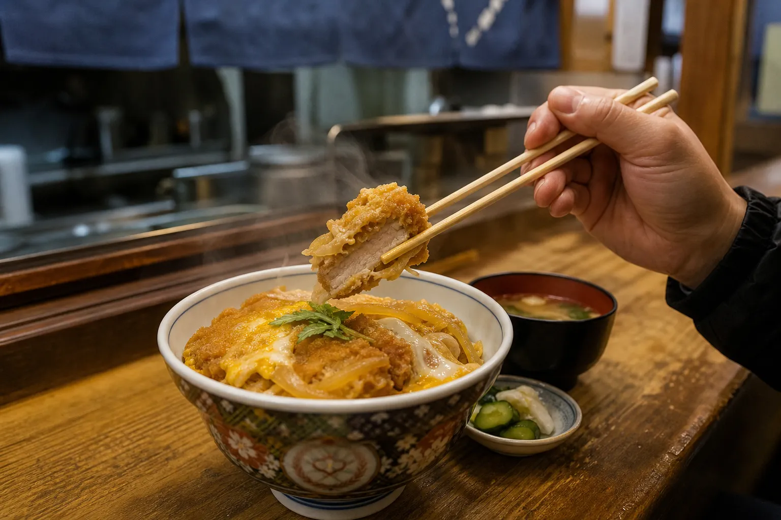 A diner lifting a slice of katsudon with chopsticks at the counter of a neighborhood Japanese restaurant