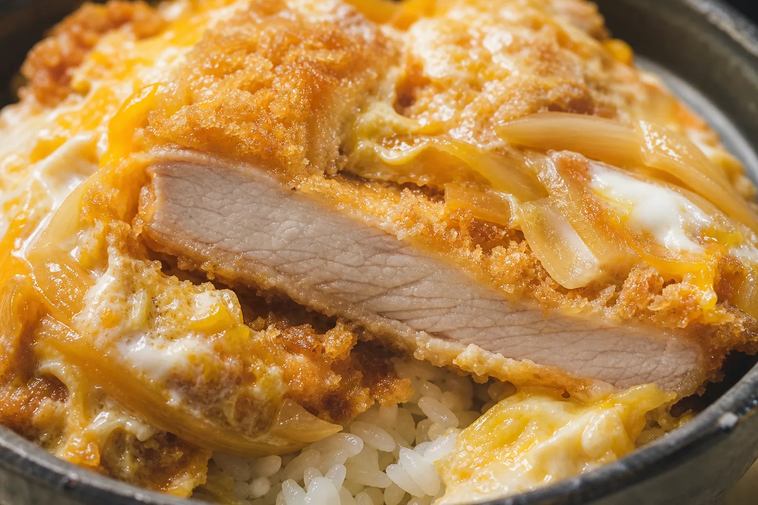 A close-up of katsudon showing fully cooked pork beneath crisp golden panko, glossy half-set egg, simmered onion and white rice