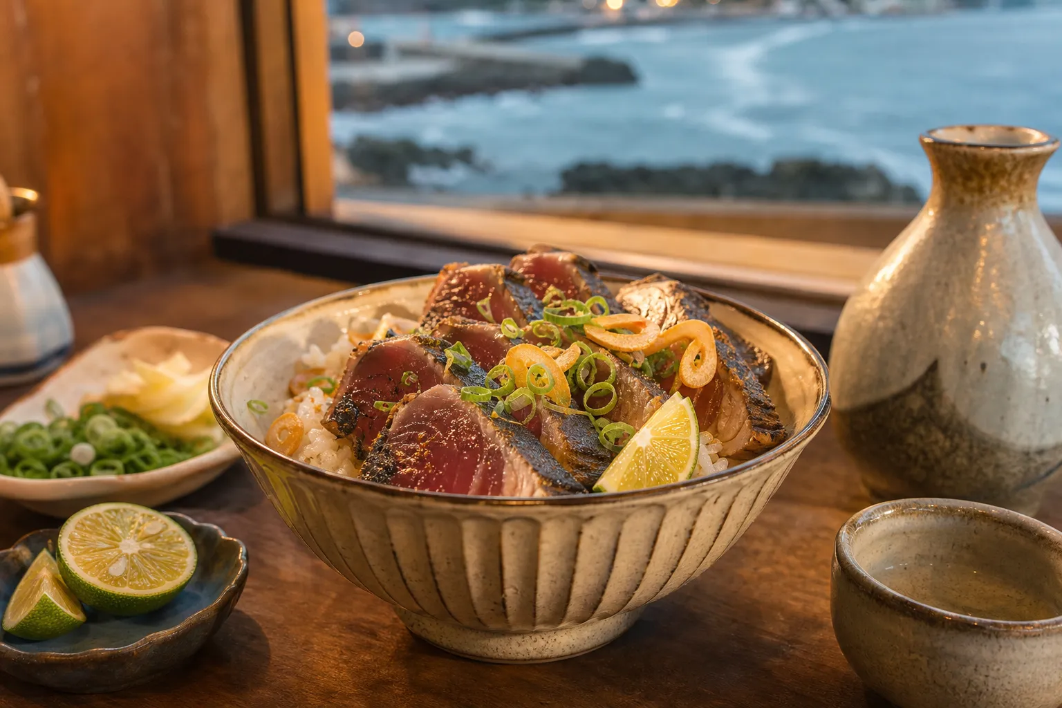 Katsuo-meshi served in a typical setting