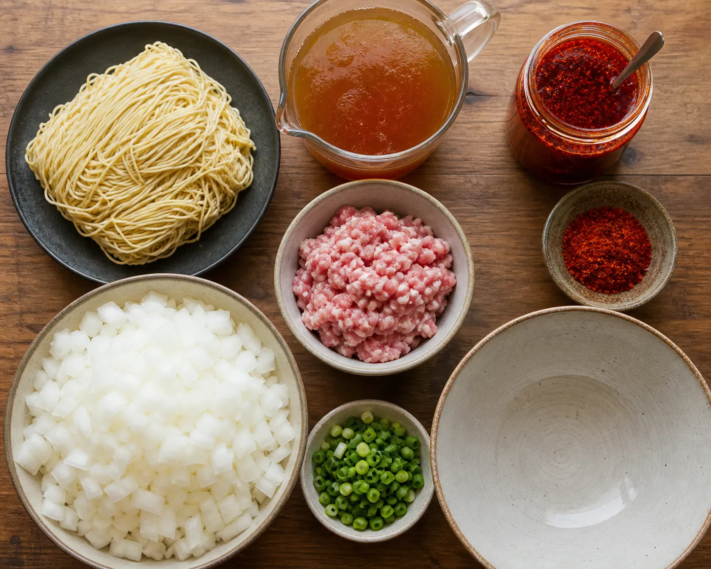 Noodles, red chili oil, minced pork and chopped onion laid out to make Katsuura tantanmen