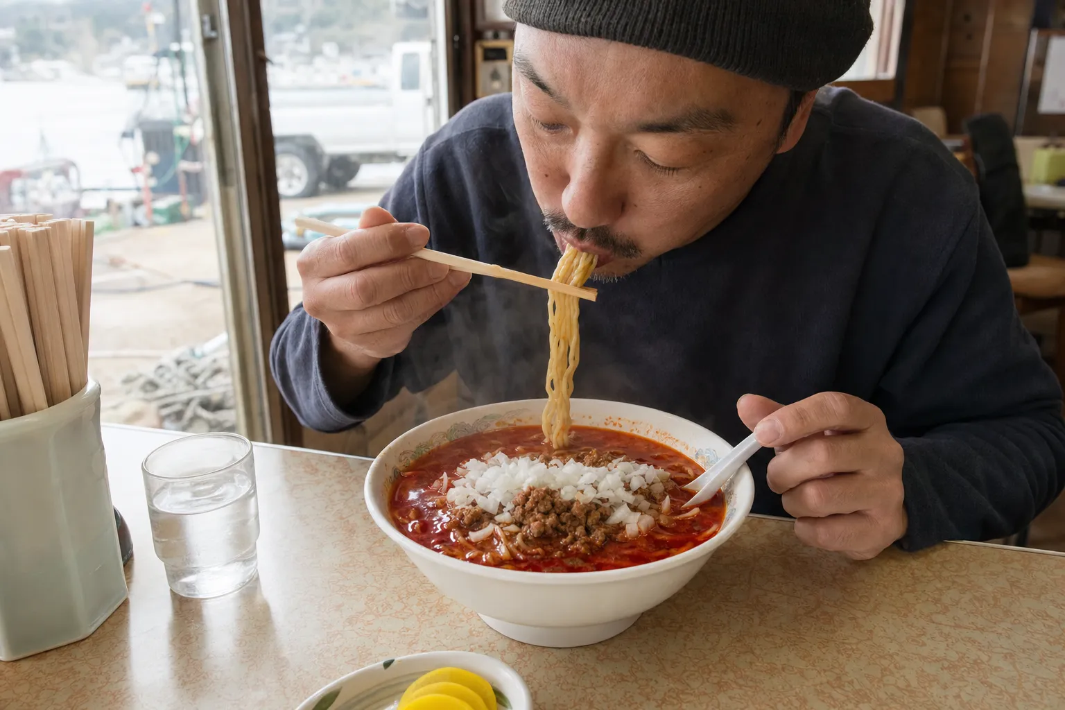 A bright red bowl of Katsuura tantanmen on a table in a Chiba fishing-town shop