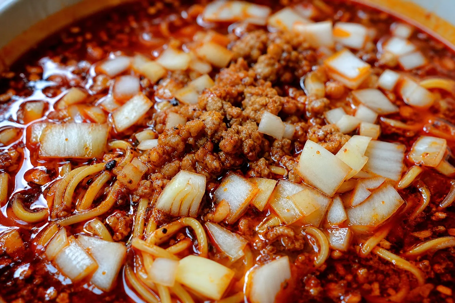 Close-up of Katsuura tantanmen with red chili oil, minced pork and chopped onion over noodles