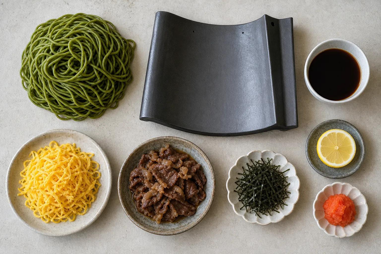 Cha-soba noodles, beef, egg and the roof tile behind kawara soba