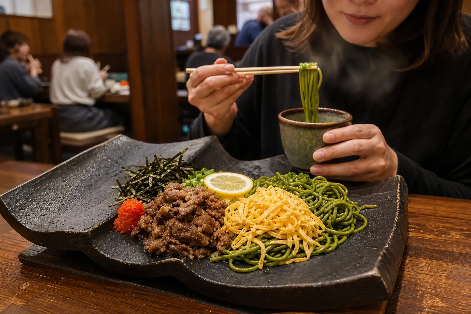 Kawara soba sizzling on a hot roof tile at a Yamaguchi restaurant