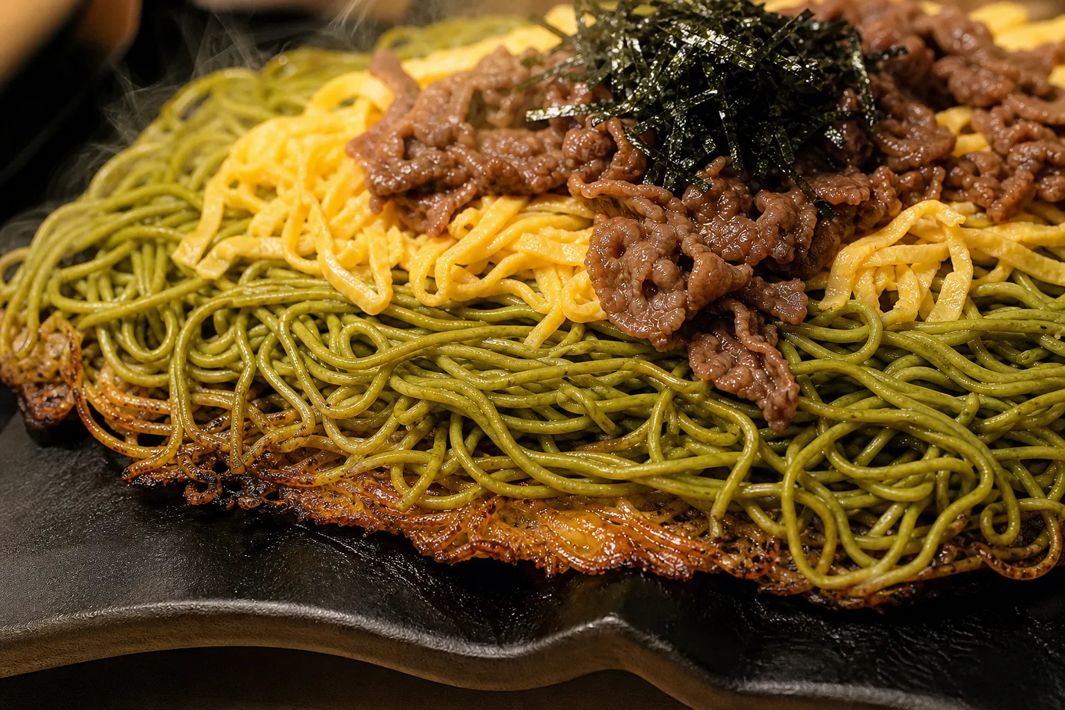 Close-up of green cha-soba noodles with beef, shredded egg and lemon on the tile