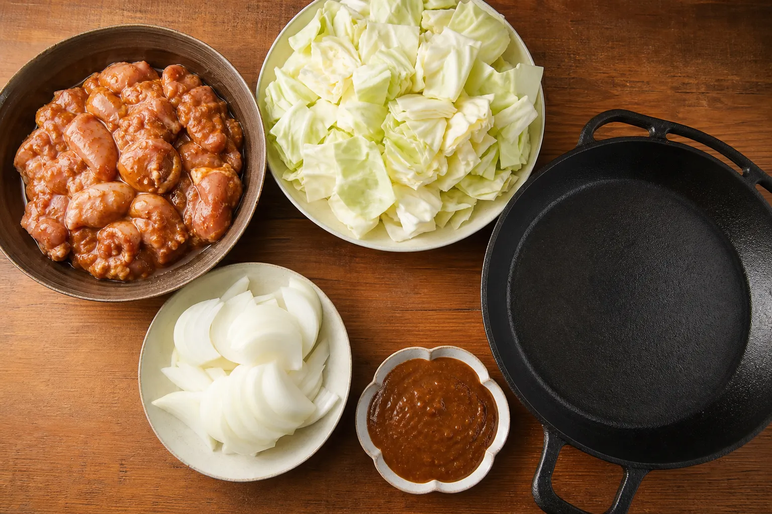 Raw chicken in miso marinade, chopped cabbage, sliced onion and an iron pan laid out