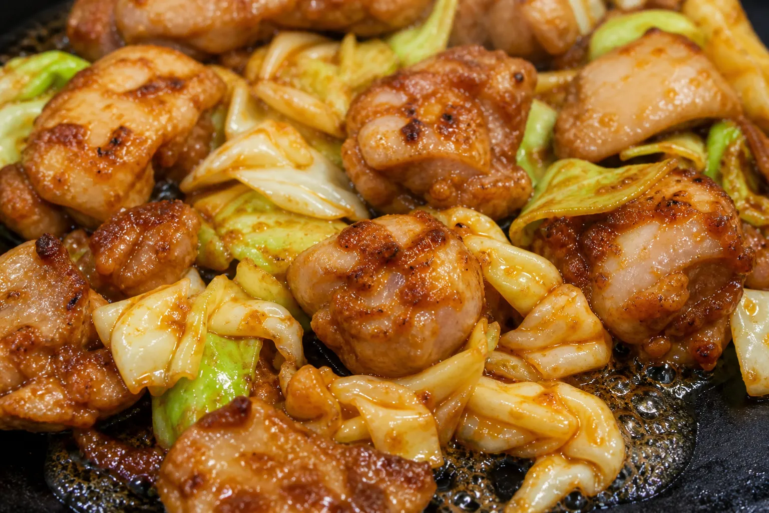 Close-up of miso-marinated chicken and cabbage caramelizing on a hot iron plate